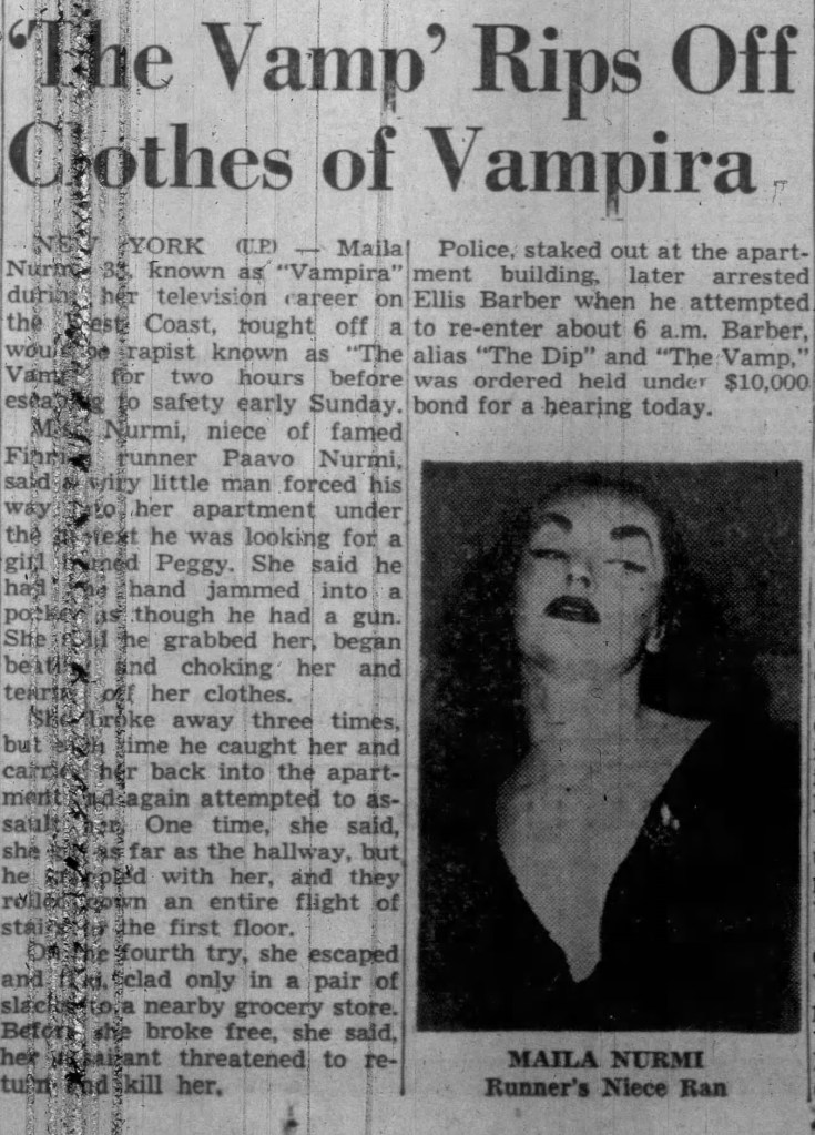 Headline that reads ''The Vamp' Rips Off Clothes of Vampira'.