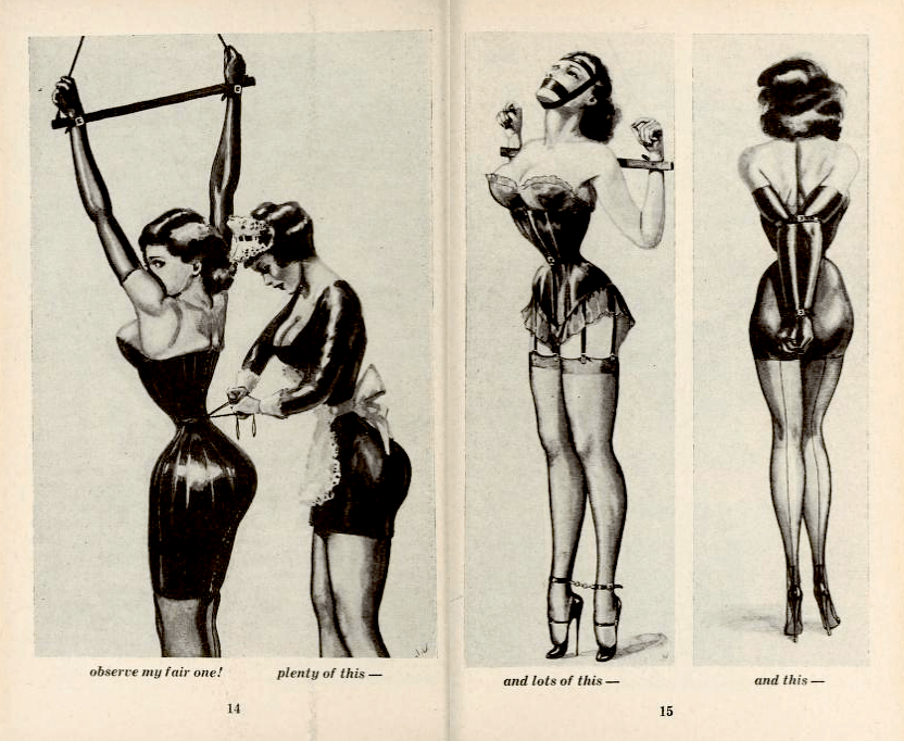 Two John Willie illustrations from Bizarre magazine. One depicts a French maid lacing a woman into a tight leather corset. The other depicts a corseted woman who is bound by chains and gagged.