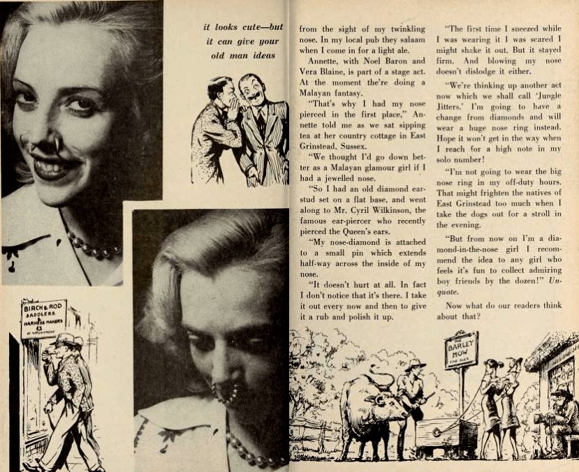 An image of a woman with a large septum piercing from Bizarre magazine.