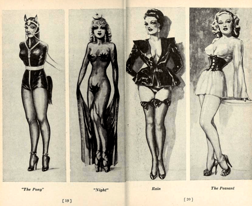 John Willie illustration from Bizarre magazine. It shows women in a variety of fetish costumes, including leather, corsets and gags.