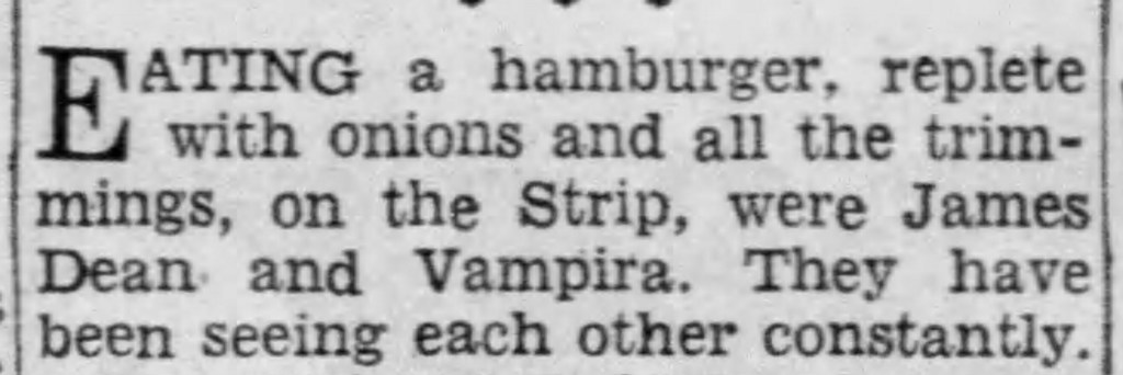 A widely syndicated sighting of Maila Nurmi and James Dean on the Strip, 25 March 1955.