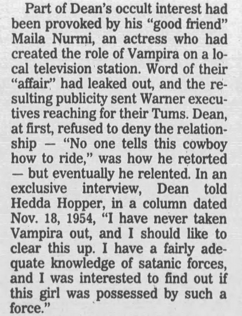 Excerpt of an article published in The Rock Island Argus, 22 September 1990. It suggests that Warner Brothers encouraged James Dean to publicly denounce Maila Nurmi.