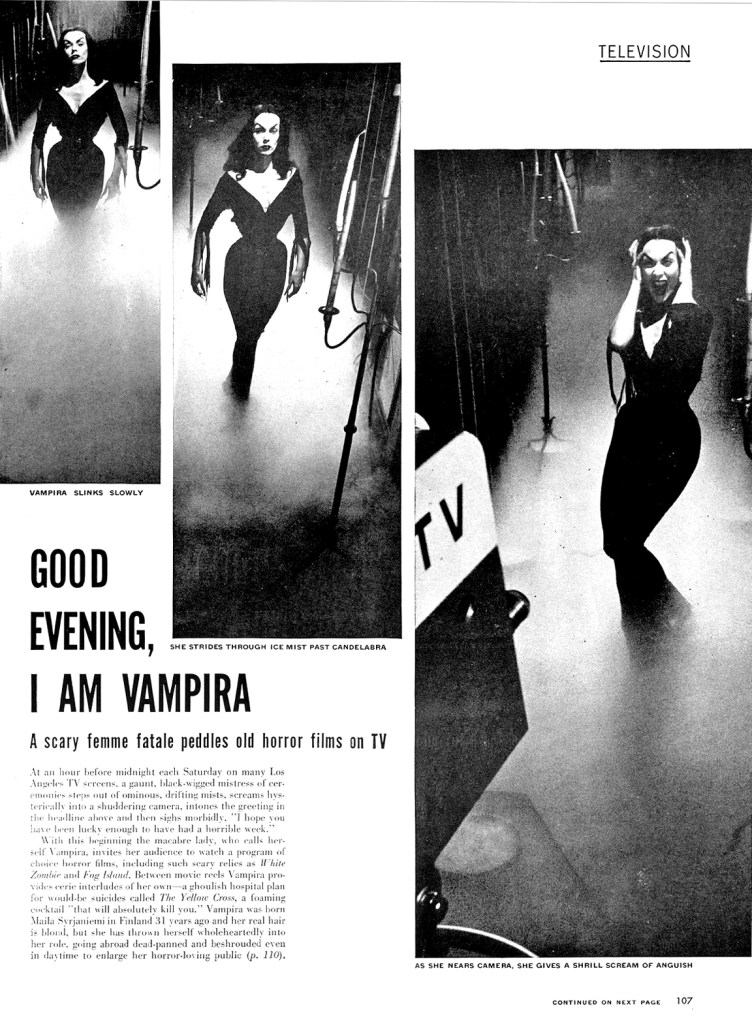 Page 1 of Vampira in Life magazine. It features three images of Vampira in a long black dress walking through a smoked filled corridor.