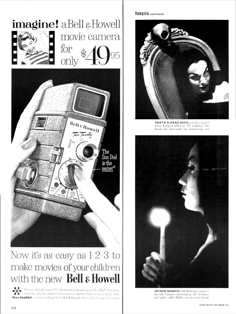 Page 2 of Vampira in Life magazine. It features Vampira sitting on a Victorian sofa with skull ornament, and another of her walking in the dark with a candle.