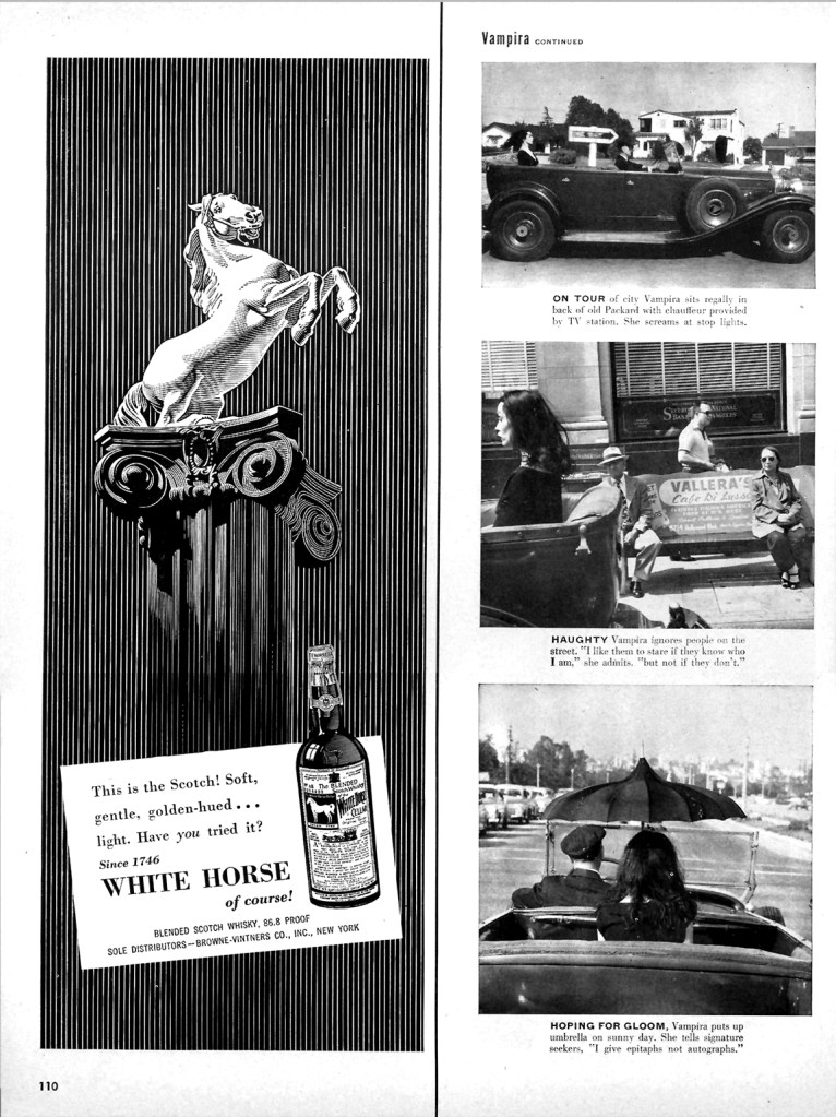 Page 3 of Vampira in Life magazine. It features three images of her being driven around LA in a hearse. 