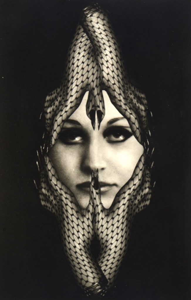 Hanel Koeck photographed by Pierre Molinier in 1967. Four collaged hands wearing fishnet gloves and long dark nails grasp Hanel's face.