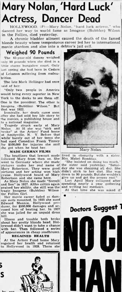 A syndicated article reporting Mary Nolan's death.