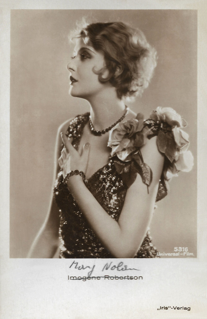 Austrian postcard by Iris Verlag depicting Mary Nolan. Her German stage name, Imogene Robertson', has been crossed out and replaced with her American stage name, Mary Nolan.