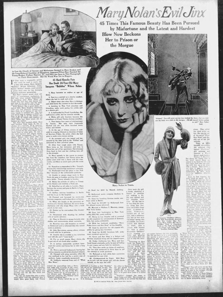 Article from San Antonio Light, 1932, titled 'Mary Nolan's Evil Jinx'.